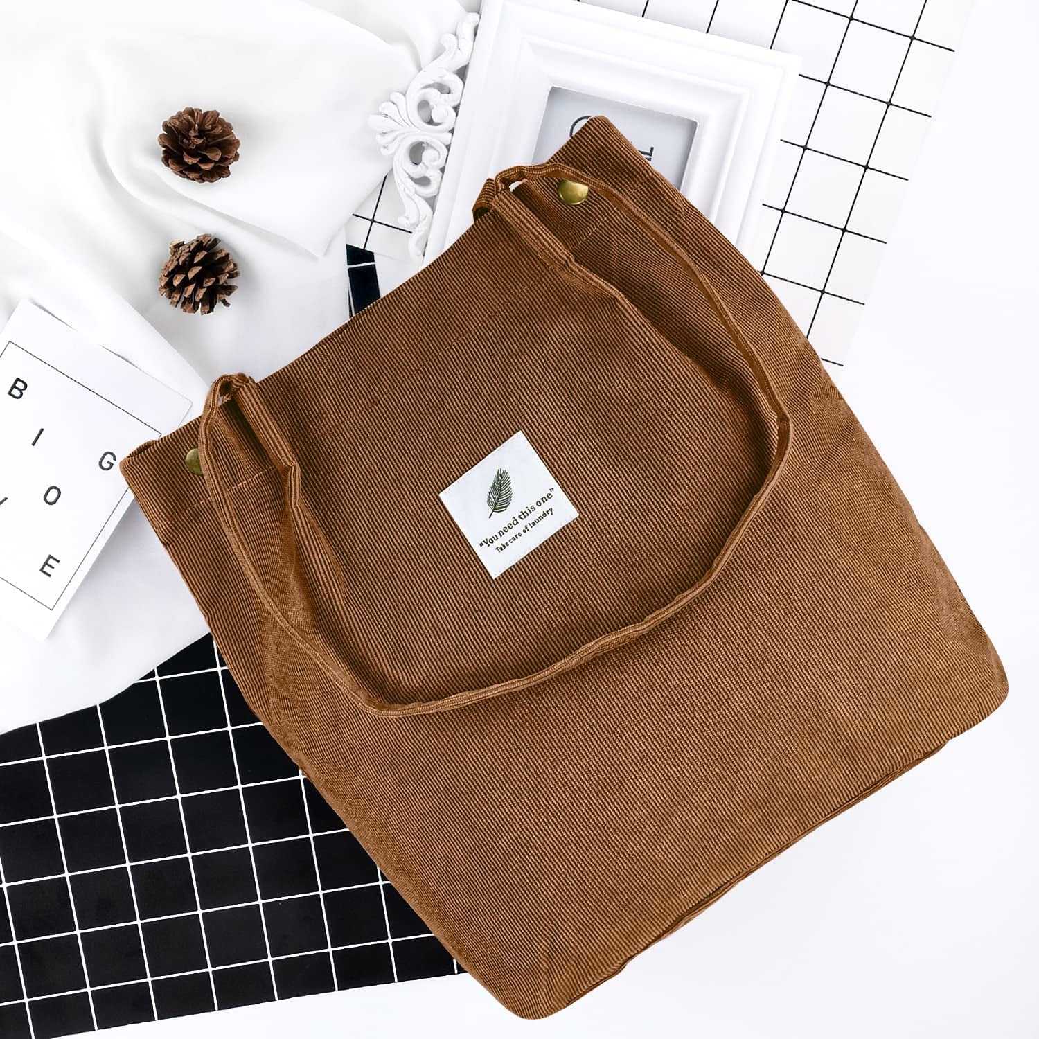 Corduroy Tote Bag Large for Women Girl Lady Canvas Shoulder Cord Purse and Handbags with Inner Pocket